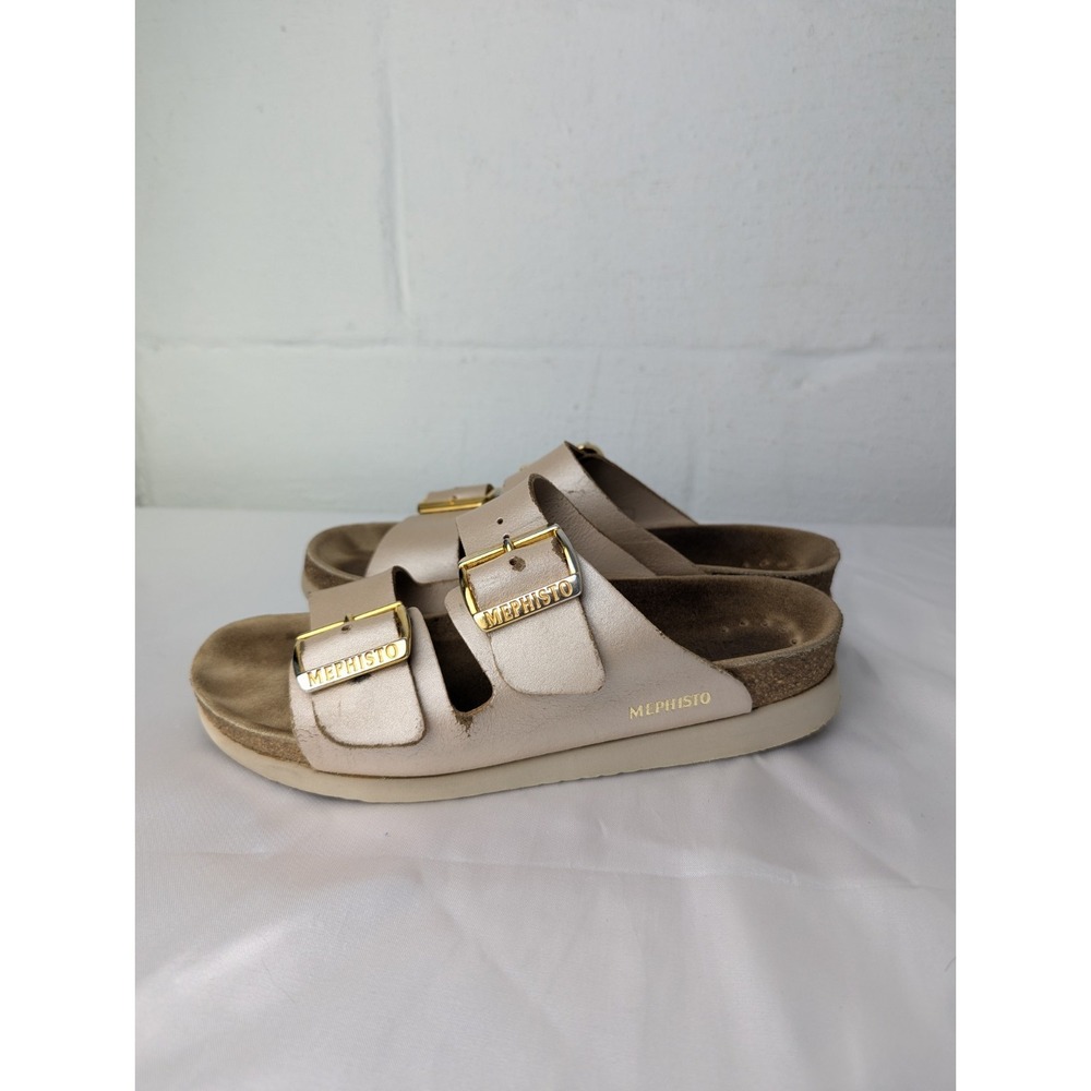 Mephisto Womens HESTER Platinum Leather 2 Strap Slip On Sandals Sz 37 /US 7